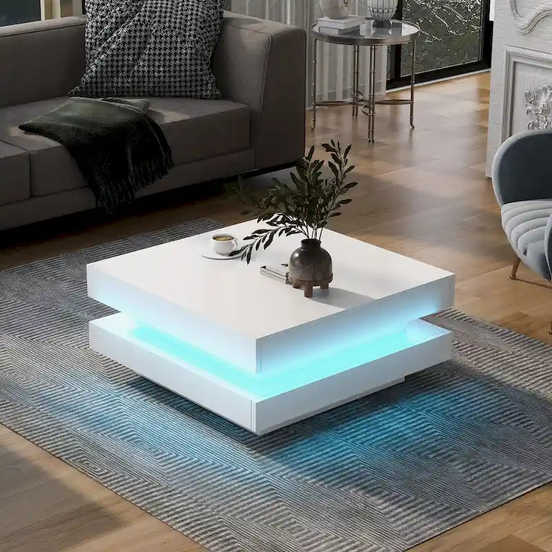 Hochglanz minimalistisches Design 2-stöckiger quadratischer Couchtisch mit steckbaren 16-farbigen LED-Leuchten Beistelltisch für das Wohnzimmer