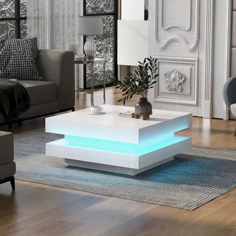 Hochglanz minimalistisches Design 2-stöckiger quadratischer Couchtisch mit steckbaren 16-farbigen LED-Leuchten Beistelltisch für das Wohnzimmer