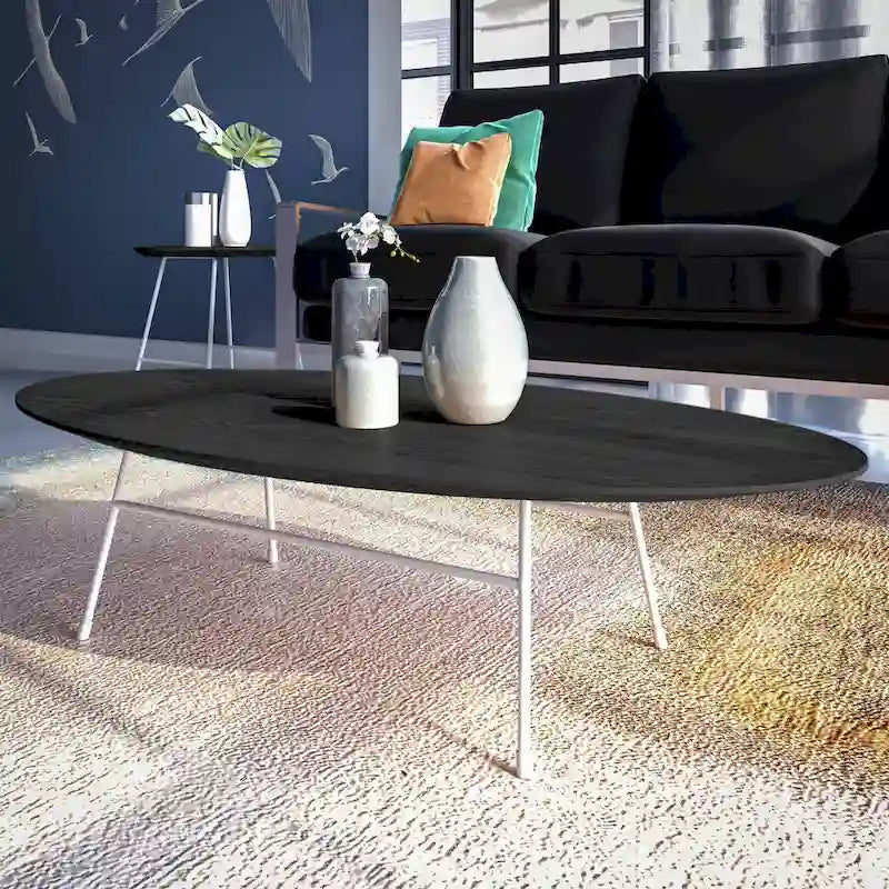 Rossmore Moderner ovaler Akzent-Couchtisch mit weiß pulverbeschichtetem Stahlrahmen für Home Office, Wohnzimmer und Schlafzimmer
