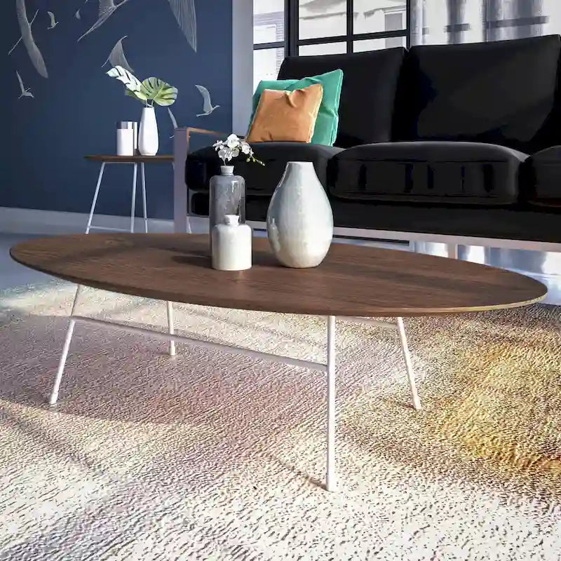 Rossmore Moderner ovaler Akzent-Couchtisch mit weiß pulverbeschichtetem Stahlrahmen für Home Office, Wohnzimmer und Schlafzimmer
