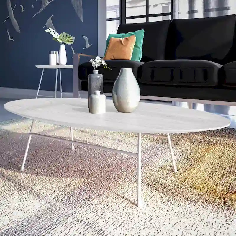 Rossmore Moderner ovaler Akzent-Couchtisch mit weiß pulverbeschichtetem Stahlrahmen für Home Office, Wohnzimmer und Schlafzimmer