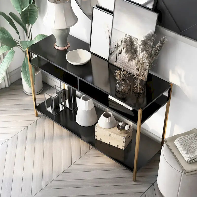 Raven Glam 48-Zoll-Stahl-3-Ablagen-Konsolentisch von Furniture of America