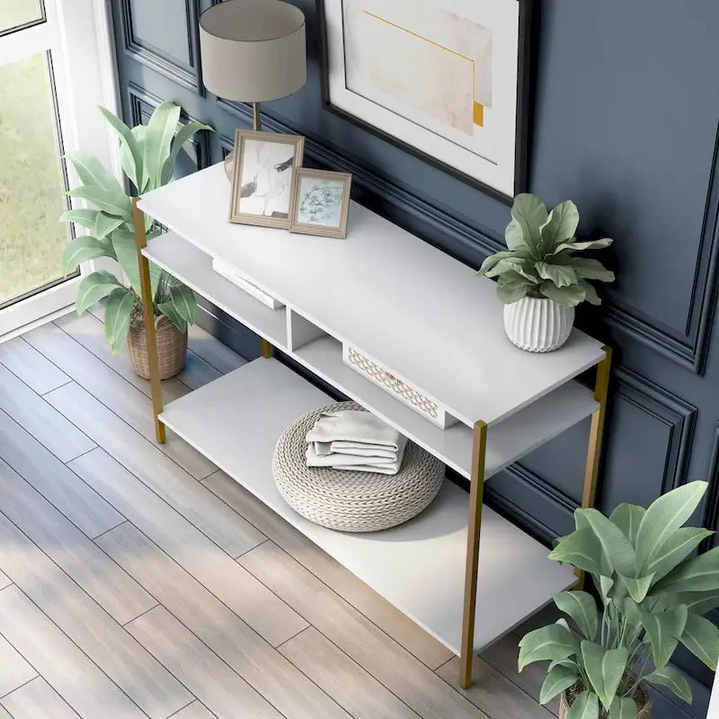 Raven Glam 48-Zoll-Stahl-3-Ablagen-Konsolentisch von Furniture of America