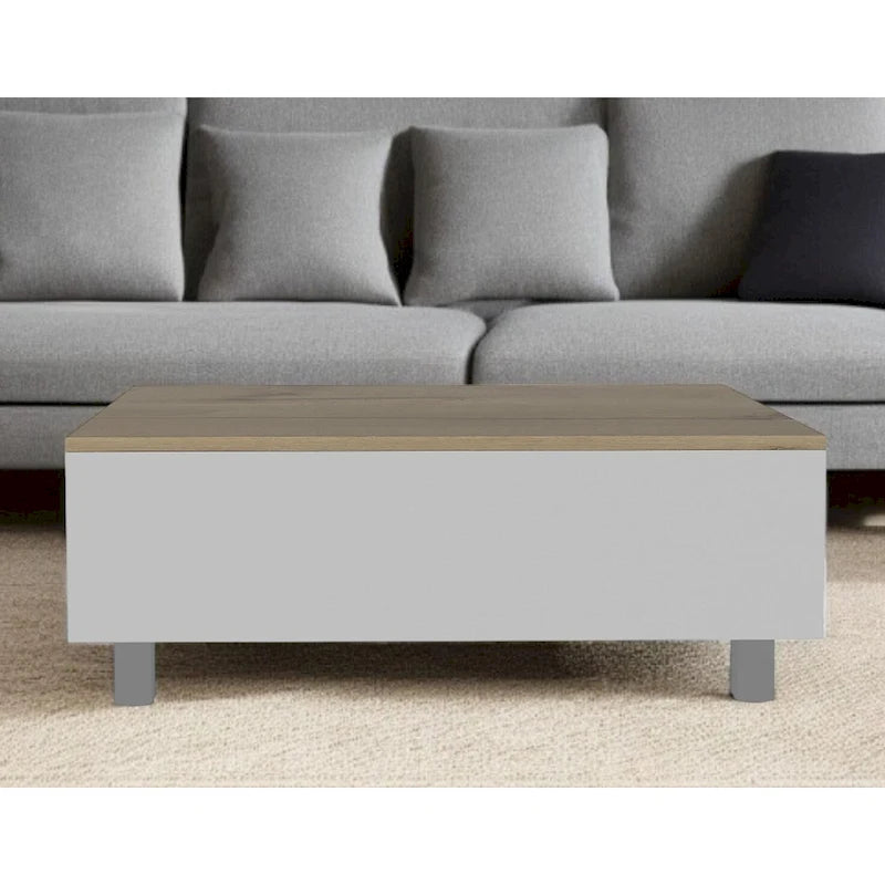 32 rechteckiger Couchtisch mit Liftplatte, Schublade und Regal, aus weißem und hellem Eichenholz, Holzwerkstoff – 54,4 H x 80 B x 54,4 T cm
