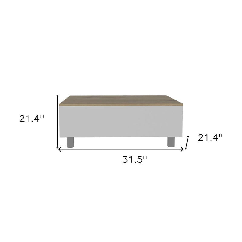 32 rechteckiger Couchtisch mit Liftplatte, Schublade und Regal, aus weißem und hellem Eichenholz, Holzwerkstoff – 54,4 H x 80 B x 54,4 T cm