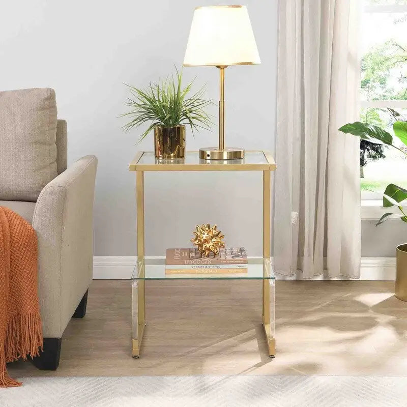 Grondin Beistelltisch im modernen Stil, 2 Etagen, Sofa-Beistelltisch mit Ablagen aus gehärtetem Glas und Metallgestell