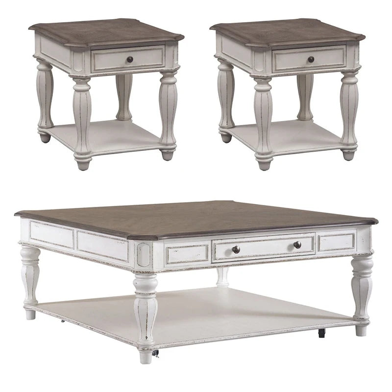 Magnolia Manor Antikweiß Weathered Bark 3-teiliges Couchtisch-Set