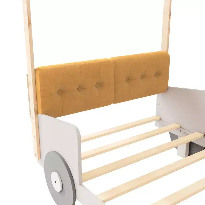 Whisen Holzbett Auto mit Kissen, Decke und LED - Natur