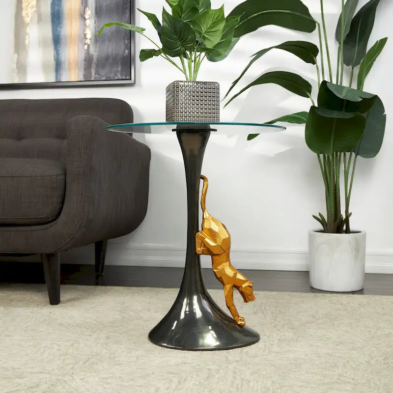 Aluminium-Metall-Leopard-Akzenttisch mit goldenem Leoparden-Akzent und gehärteter Glasplatte - Schwarz - Roche River Decor