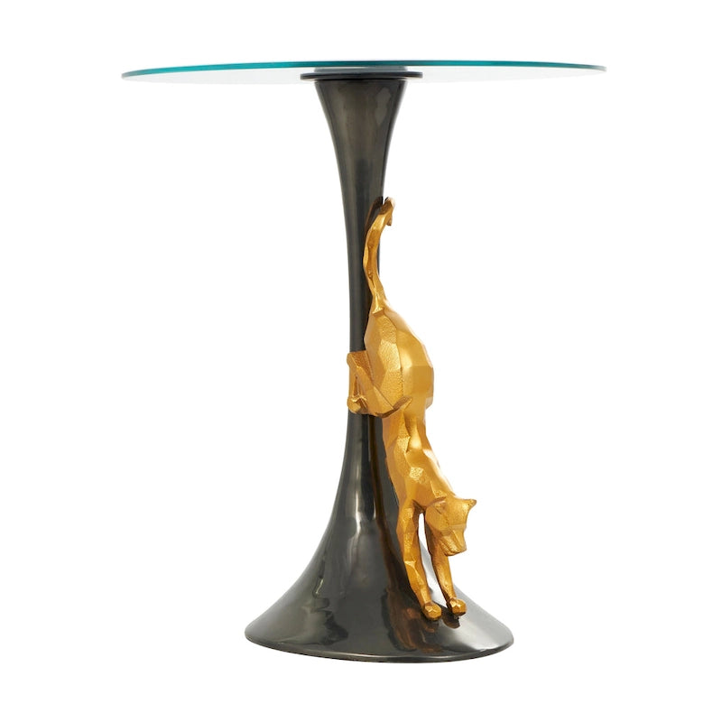 Aluminium-Metall-Leopard-Akzenttisch mit goldenem Leoparden-Akzent und gehärteter Glasplatte - Schwarz - Roche River Decor