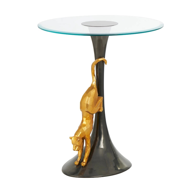 Aluminium-Metall-Leopard-Akzenttisch mit goldenem Leoparden-Akzent und gehärteter Glasplatte - Schwarz - Roche River Decor