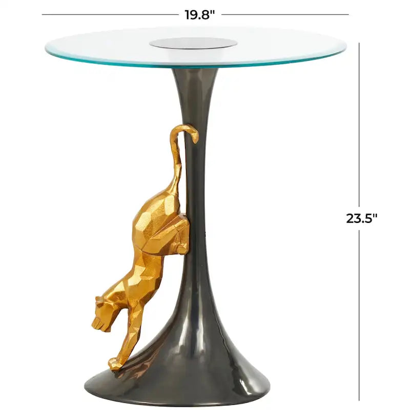 Aluminium-Metall-Leopard-Akzenttisch mit goldenem Leoparden-Akzent und gehärteter Glasplatte - Schwarz - Roche River Decor