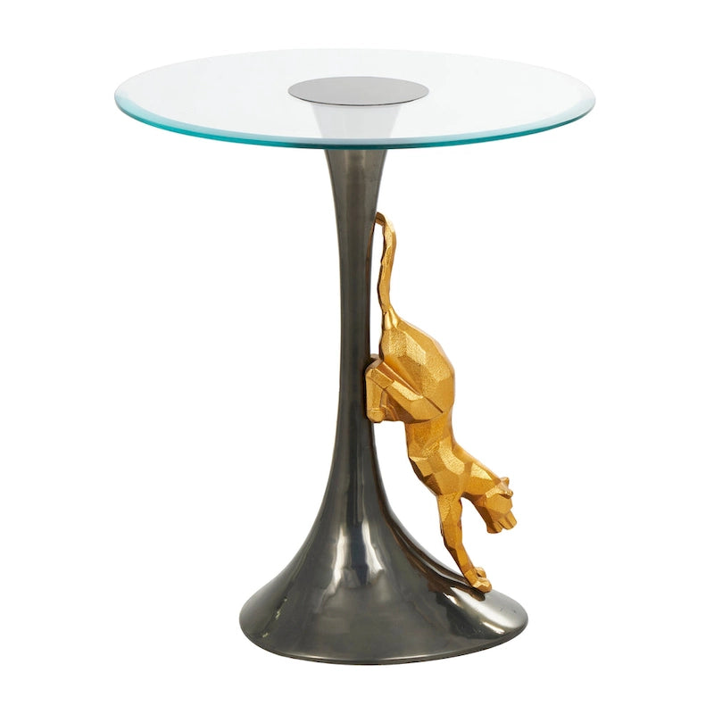 Aluminium-Metall-Leopard-Akzenttisch mit goldenem Leoparden-Akzent und gehärteter Glasplatte - Schwarz - Roche River Decor
