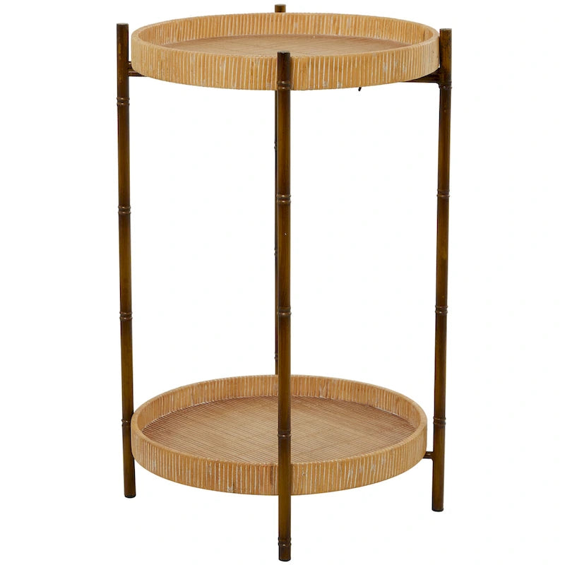Rattan Beistelltisch mit 2 Ablagen und von Bambus inspirierten Metallbeinen – Braun – Roche River Decor – 45,7B x 45,7L x 66H cm