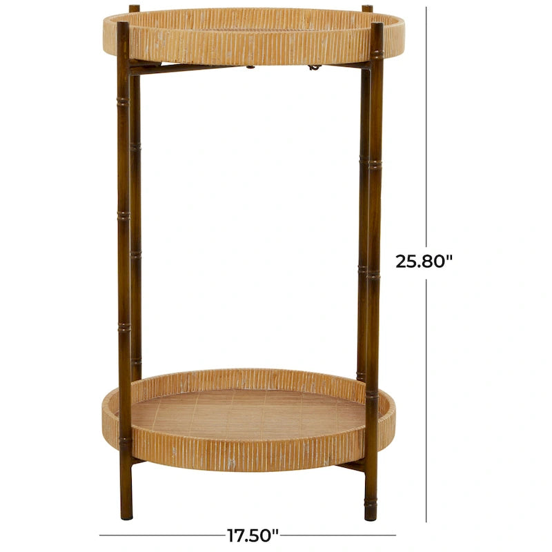 Rattan Beistelltisch mit 2 Ablagen und von Bambus inspirierten Metallbeinen – Braun – Roche River Decor – 45,7B x 45,7L x 66H cm