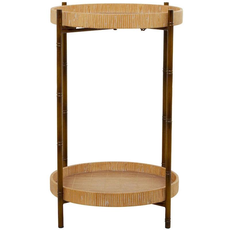 Rattan Beistelltisch mit 2 Ablagen und von Bambus inspirierten Metallbeinen – Braun – Roche River Decor – 45,7B x 45,7L x 66H cm