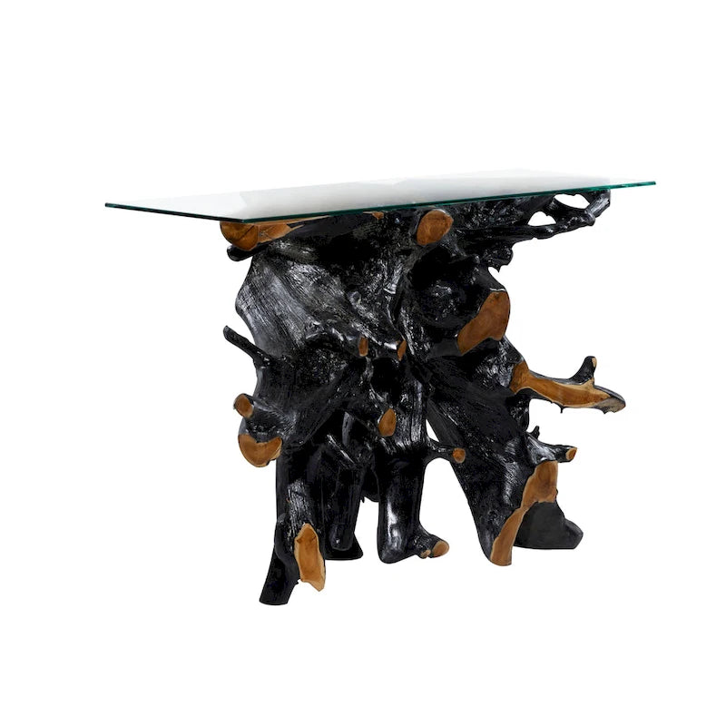 Konsolentisch aus Teakholz mit Baumstumpf und Glasplatte - Schwarz - Roche River Decor - 16B x 49L x 32H