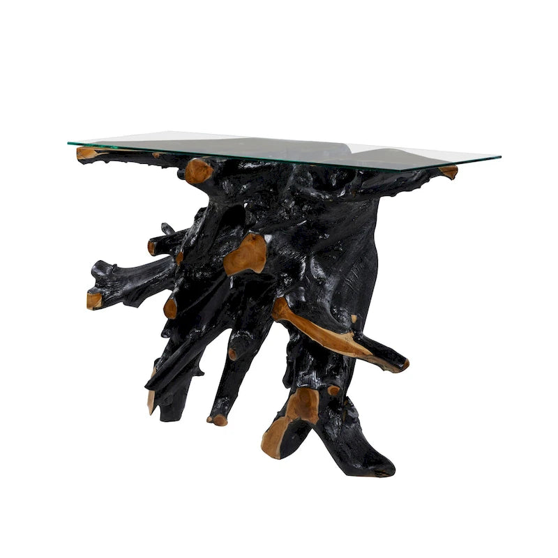 Konsolentisch aus Teakholz mit Baumstumpf und Glasplatte - Schwarz - Roche River Decor - 16B x 49L x 32H
