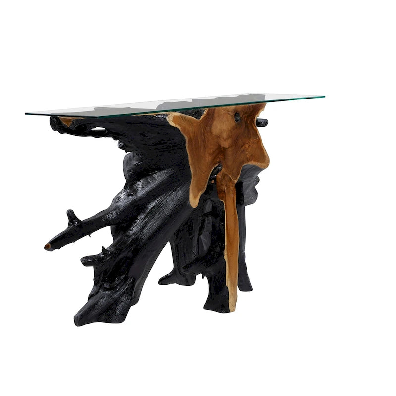 Konsolentisch aus Teakholz mit Baumstumpf und Glasplatte - Schwarz - Roche River Decor - 16B x 49L x 32H