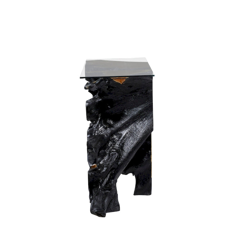 Konsolentisch aus Teakholz mit Baumstumpf und Glasplatte - Schwarz - Roche River Decor - 16B x 49L x 32H
