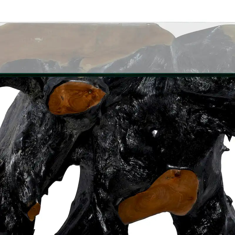 Konsolentisch aus Teakholz mit Baumstumpf und Glasplatte - Schwarz - Roche River Decor - 16B x 49L x 32H