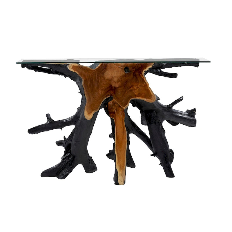 Konsolentisch aus Teakholz mit Baumstumpf und Glasplatte - Schwarz - Roche River Decor - 16B x 49L x 32H