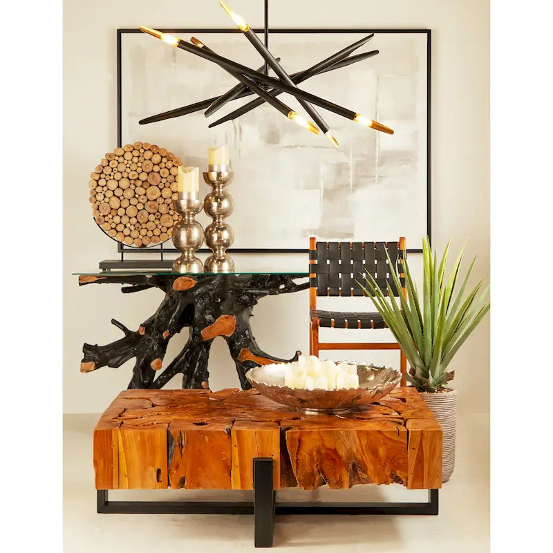 Konsolentisch aus Teakholz mit Baumstumpf und Glasplatte - Schwarz - Roche River Decor - 16B x 49L x 32H