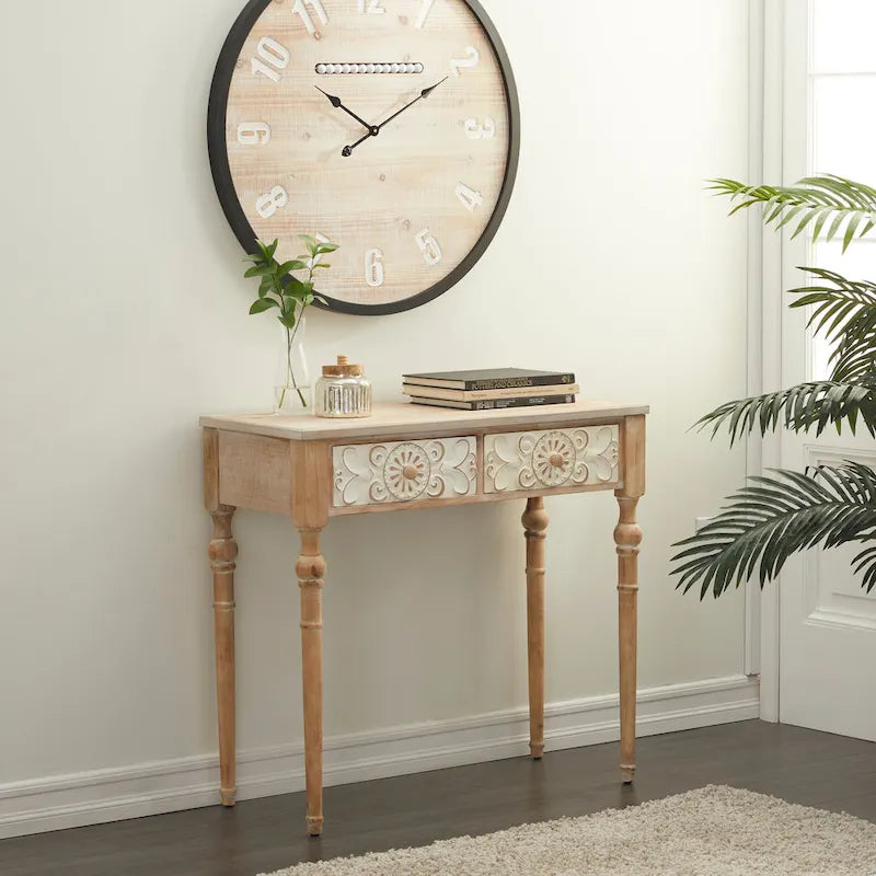 Konsole mit 2 Schubladen, aufwendig geschnitzt aus Holz mit Blumenmuster – Braun – Roche River Decor – 40,6B x 91,4L x 83,8H cm