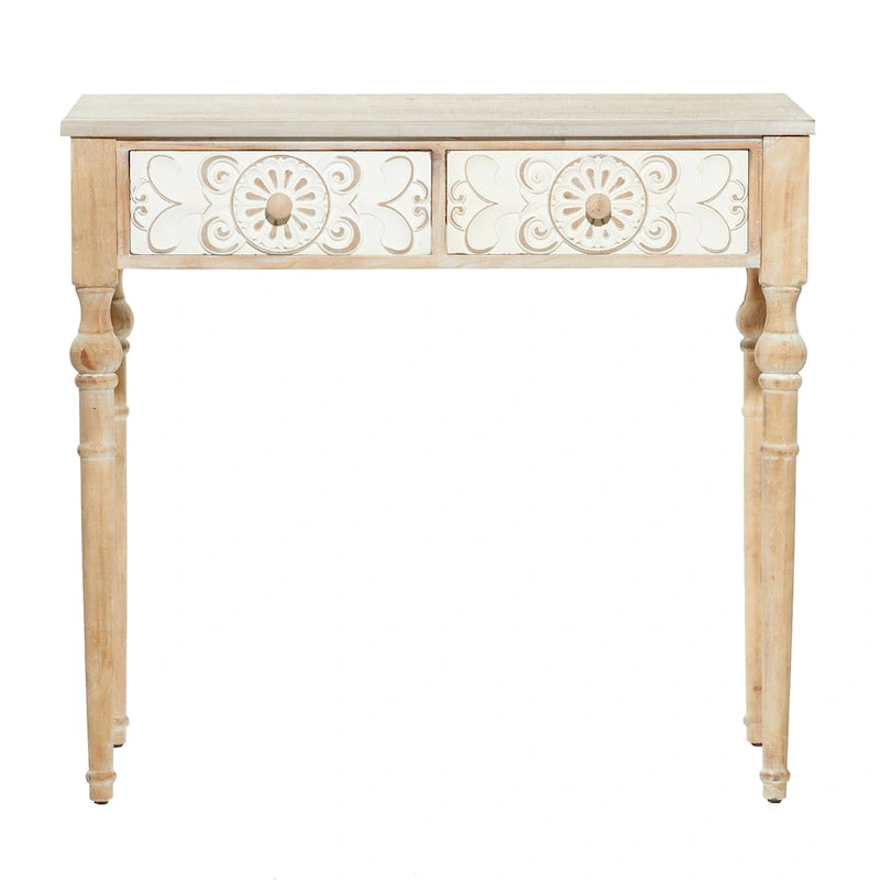 Konsole mit 2 Schubladen, aufwendig geschnitzt aus Holz mit Blumenmuster – Braun – Roche River Decor – 40,6B x 91,4L x 83,8H cm