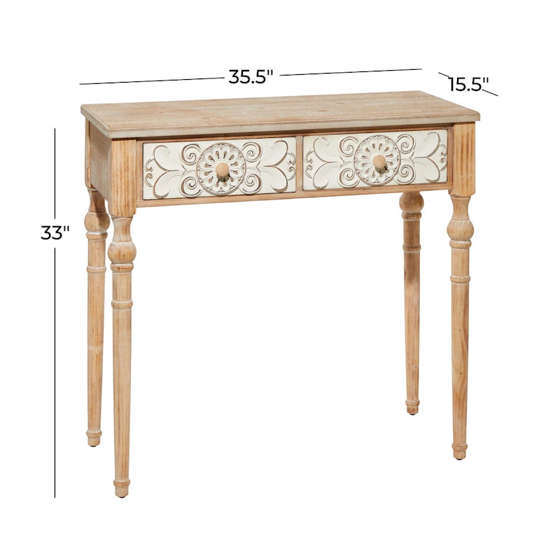 Konsole mit 2 Schubladen, aufwendig geschnitzt aus Holz mit Blumenmuster – Braun – Roche River Decor – 40,6B x 91,4L x 83,8H cm