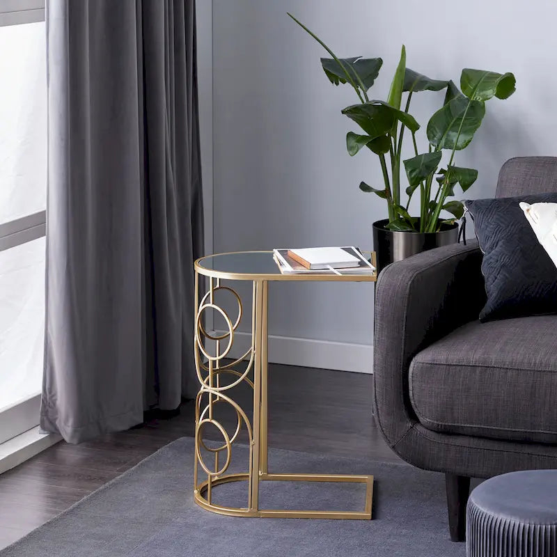 Geometrischer Beistelltisch aus Metall mit verspiegelter Glasplatte – Gold – Roche River Decor – 48,26B x 30,48L x 60,96H