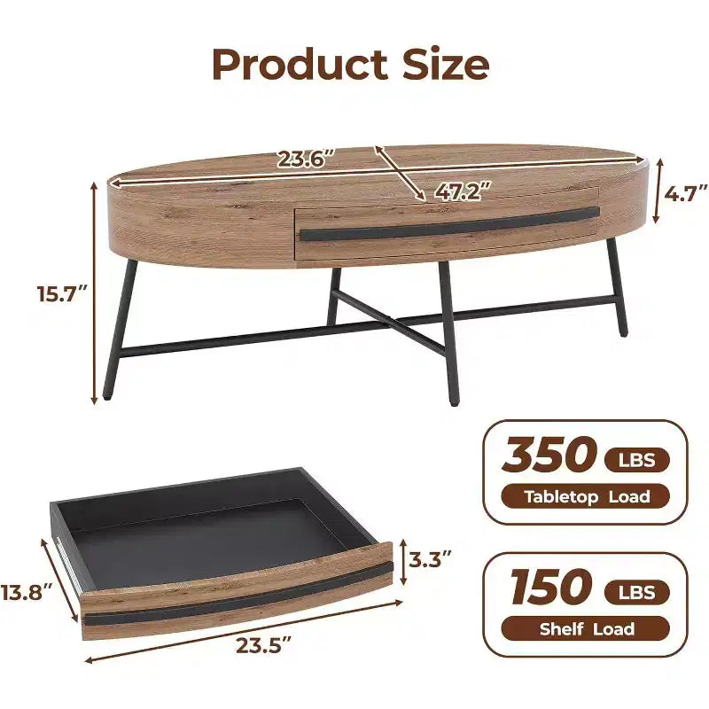 Acekool Ovaler Couchtisch mit Schublade, 120 cm Holz-Ablagetisch mit gekreuzten Metallbeinen, Mid-Century Modern Beistelltisch in Natur & Golden Willow