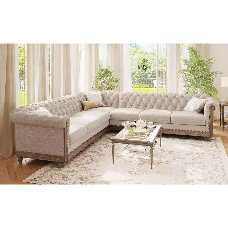 Mirod Großes Retro-Ecksofa mit Holzfüßen, bequemes Moduldesign für Wohnzimmer, Lounges und Familienbereiche