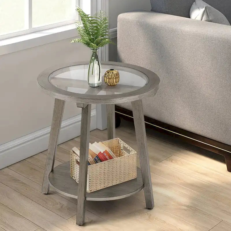 COSIEST 2-stöckiger, runder Glastisch in Silber für das Wohnzimmer – 56 B x 56 T x 61 H cm