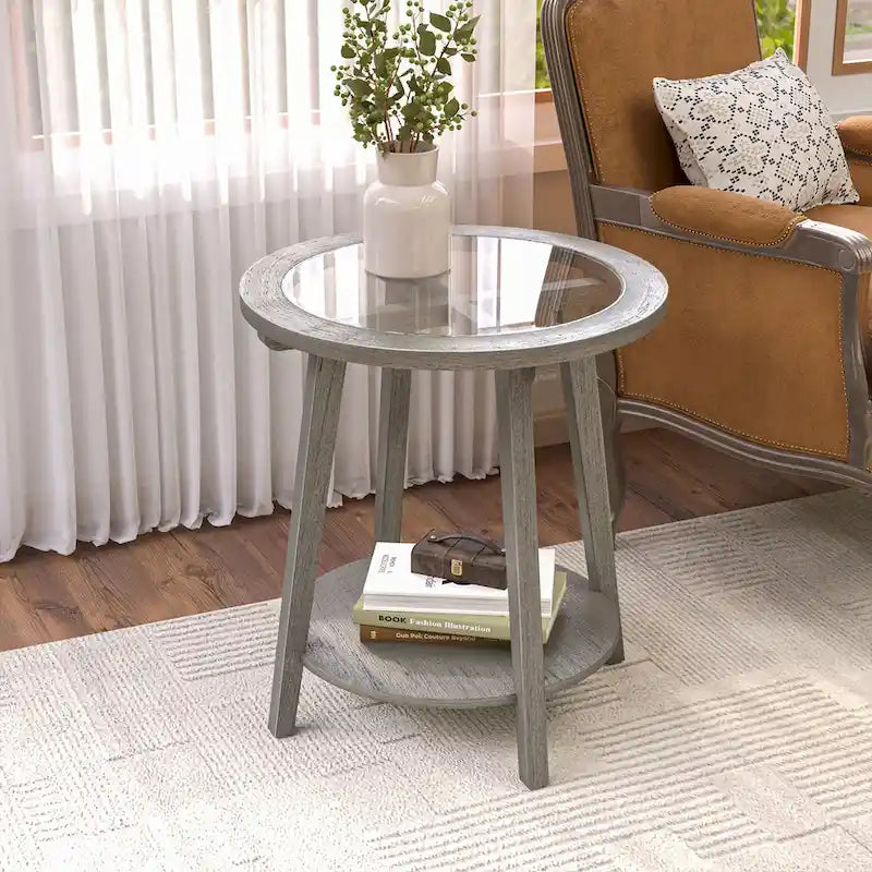 COSIEST 2-stöckiger, runder Glastisch in Silber für das Wohnzimmer – 56 B x 56 T x 61 H cm