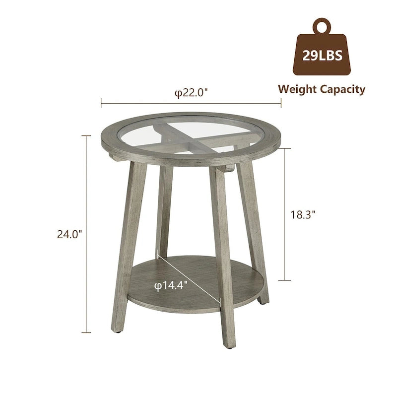COSIEST 2-stöckiger, runder Glastisch in Silber für das Wohnzimmer – 56 B x 56 T x 61 H cm