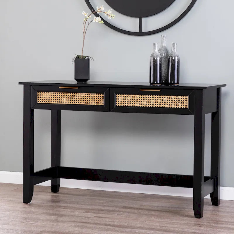 SEI Furniture Chekshire Mid-Century Modern Konsolentisch mit Rattan-Schubladen