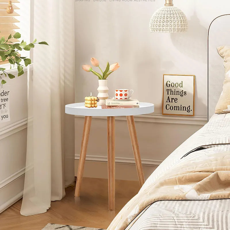Runder Beistelltisch mit Holztablett, robuster Sofa-Beistelltisch