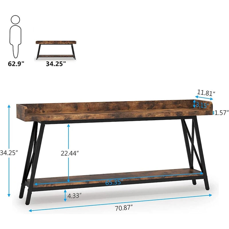 70.9 Zoll langer und schmaler Konsolentisch hinter dem Sofa, rustikal brauner Beistelltisch für den Eingangsbereich