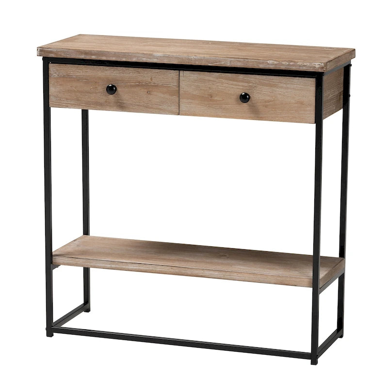 Silas moderne industrielle Konsole mit 2 Schubladen aus naturfarbenem Holz und schwarzem Metall