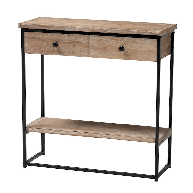 Silas moderne industrielle Konsole mit 2 Schubladen aus naturfarbenem Holz und schwarzem Metall