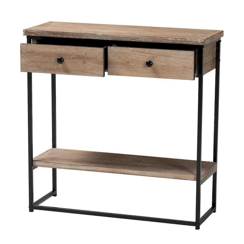 Silas moderne industrielle Konsole mit 2 Schubladen aus naturfarbenem Holz und schwarzem Metall
