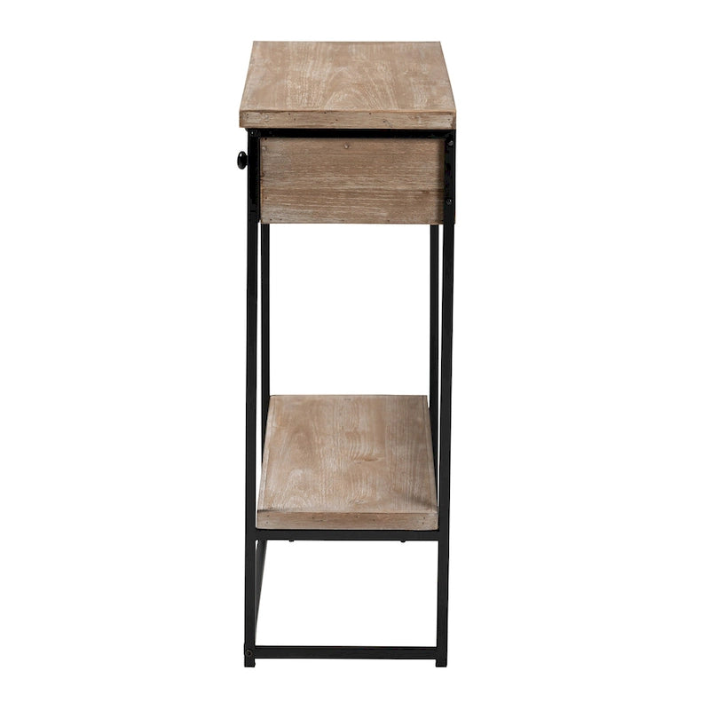 Silas moderne industrielle Konsole mit 2 Schubladen aus naturfarbenem Holz und schwarzem Metall