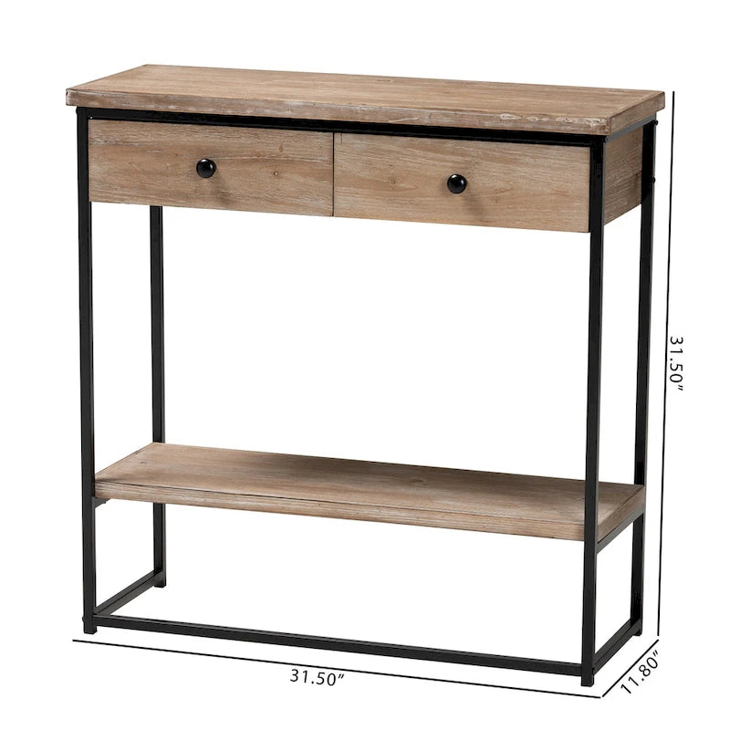 Silas moderne industrielle Konsole mit 2 Schubladen aus naturfarbenem Holz und schwarzem Metall