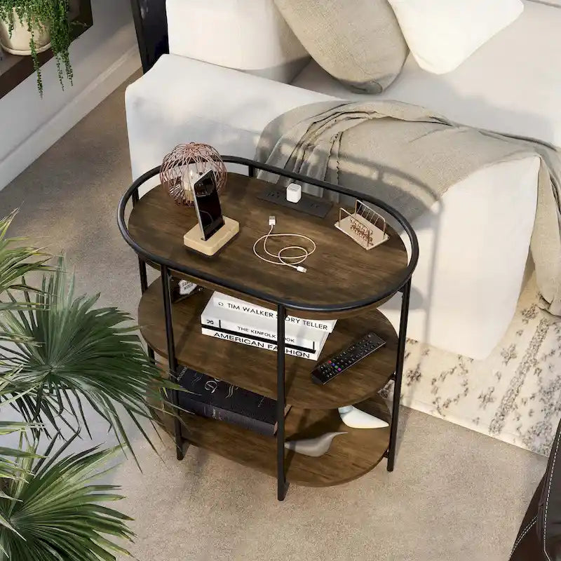 Moore Industrial Brown 26 Zoll Stahl 3-stöckiger Beistelltisch mit USB-Anschlüssen und Steckdosen von Furniture of America