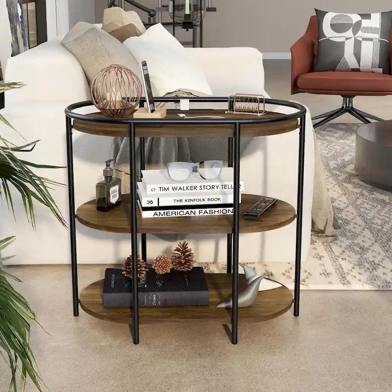 Moore Industrial Brown 26 Zoll Stahl 3-stöckiger Beistelltisch mit USB-Anschlüssen und Steckdosen von Furniture of America