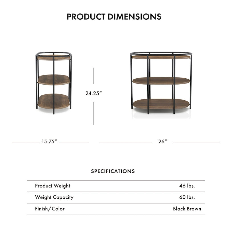 Moore Industrial Brown 26 Zoll Stahl 3-stöckiger Beistelltisch mit USB-Anschlüssen und Steckdosen von Furniture of America