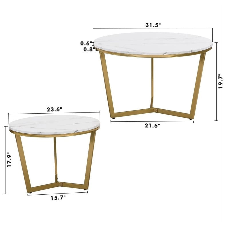2 runde, moderne Beistelltische mit Marmor-Tischplatte und goldenem Gestell