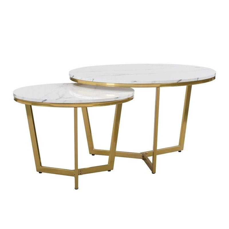 2 runde, moderne Beistelltische mit Marmor-Tischplatte und goldenem Gestell