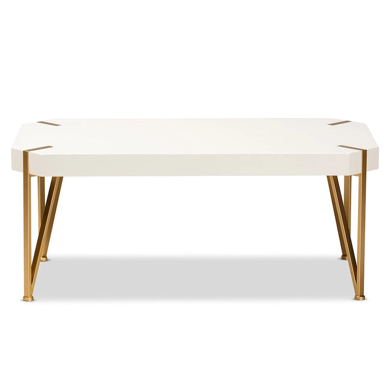 Kassa Glam Couchtisch aus gebürstetem Goldmetall und weiß lackiertem Holz